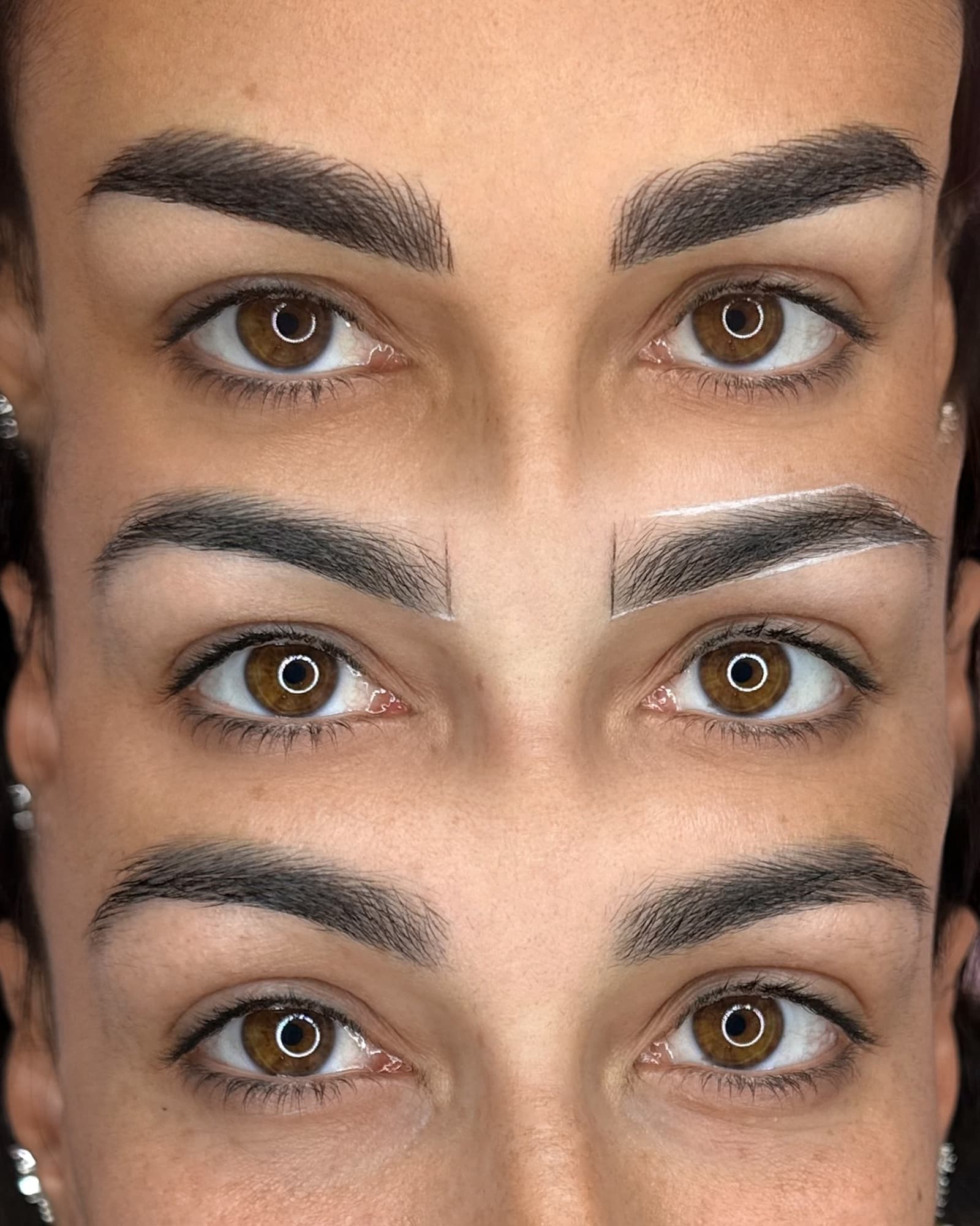 Three stages of one client's brows in a single frame: grown out, mapped, and healed after microblading.