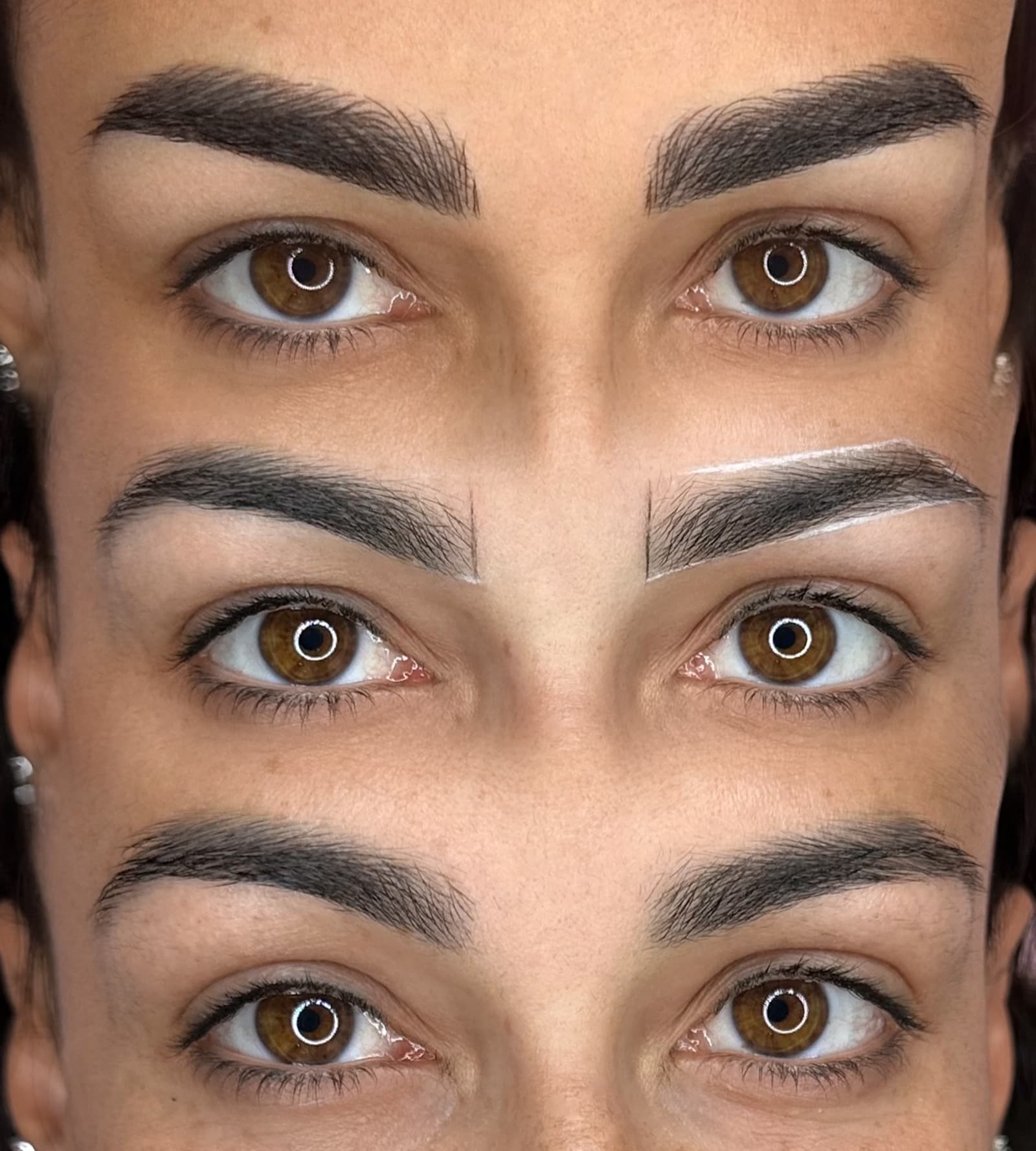 Three close-ups of the same brows, one under the other: the mapping drawn in white, and the result of the treatment.