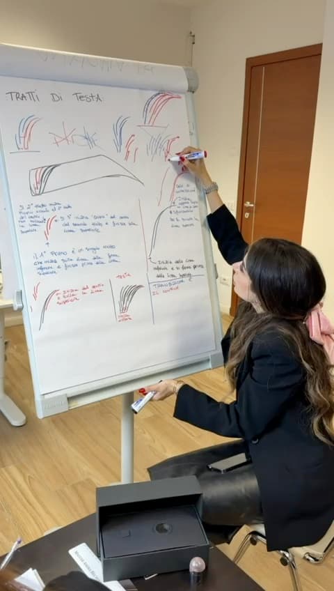 Amira Bechini drawing brow stroke patterns on a flipchart while her students take notes.